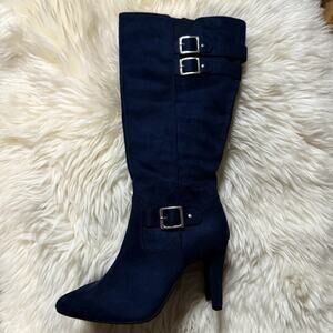 RIALTO CAHOON Womens Knee High Heel Boot Navy Faux Suede Silver Tone Buckles 6.5